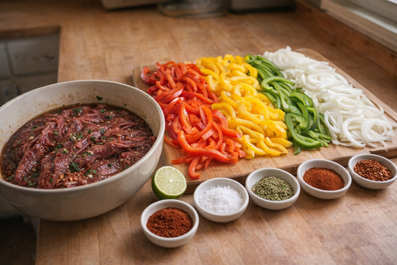 An overhead shot of all the prepped ingredients for beef fajitas: sliced flank steak marinating in a bowl, colorful bell peppers and onions neatly sliced and arranged on a cutting board, various spices in small bowls.